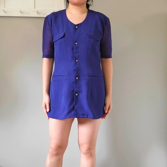 Vintage navy button up shirt tunic blouse 70s blue patch pockets size Medium - Picture 3 of 5